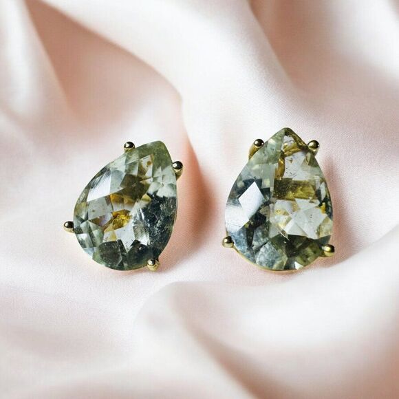 VINTAGE- 10k Gold -Prasiolite Earrings -3cttw- Pear Cut -August Birthstone -1.2g - Picture 1 of 16